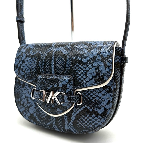 Michael Kors Small Reed Leather Saddle Crossbody Bag Snakeskin Denim - Picture 4 of 11